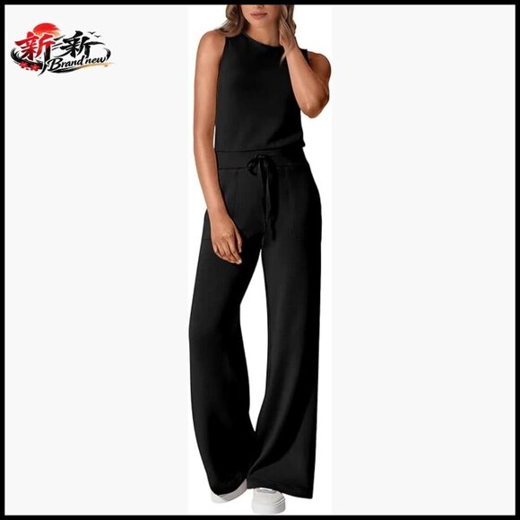Pants - Sleeveless Wide Leg Jumpsuit, Polyester Viscose Elastane Blend, Casual Summer